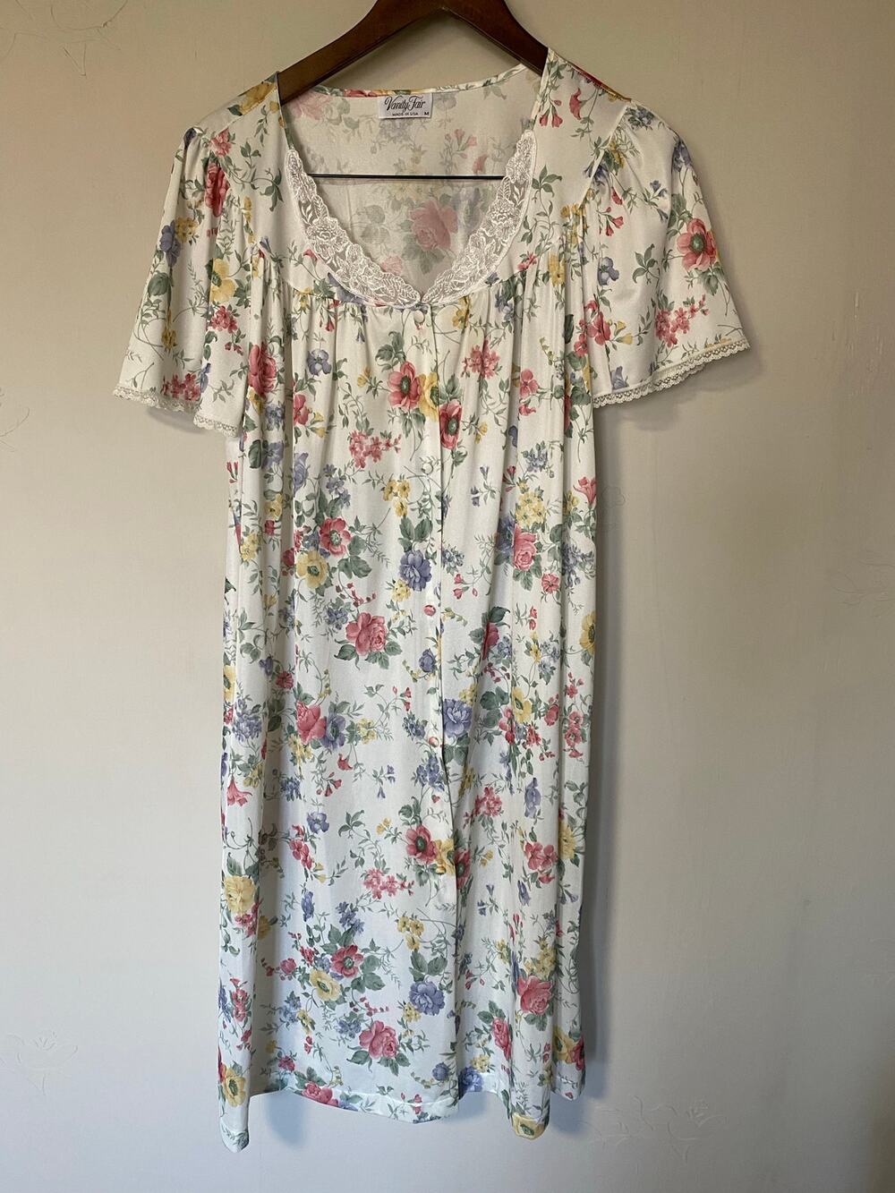 Vintage Vanity Floral Silky Lace Robe Housecoat Nightgown Made in USA Medium